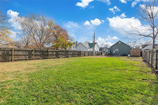 view of yard featuring a storage shed