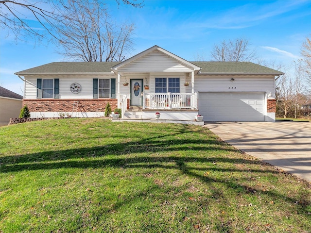 ranch-style home featuring a porch, a garage, and a front lawn