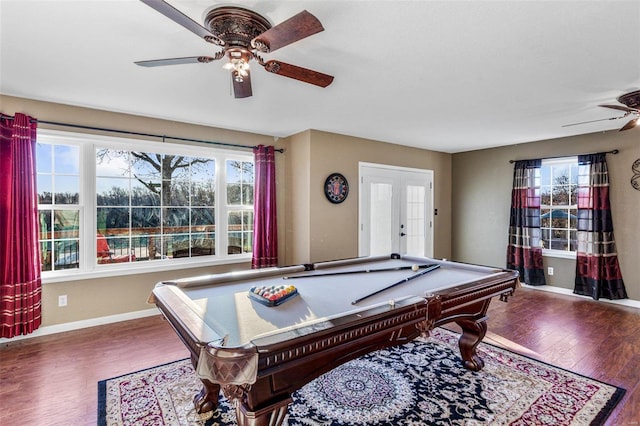 game room featuring ceiling fan, pool table, french doors, and hardwood / wood-style flooring