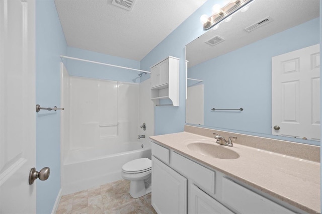 full bathroom featuring vanity, toilet, shower / bath combination, and a textured ceiling