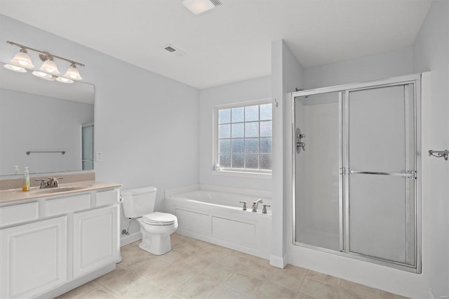 full bathroom featuring vanity, toilet, and shower with separate bathtub