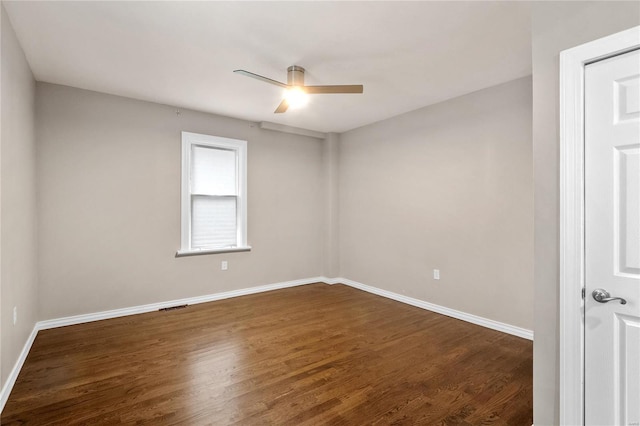 empty room featuring ceiling fan and dark hardwood / wood-style flooring