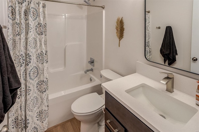 full bathroom with wood-type flooring, vanity, toilet, and shower / bath combination with curtain