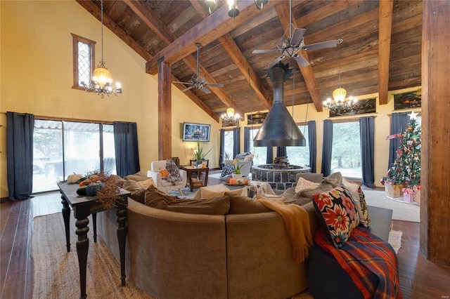 living room featuring high vaulted ceiling, beam ceiling, wood-type flooring, and wood ceiling