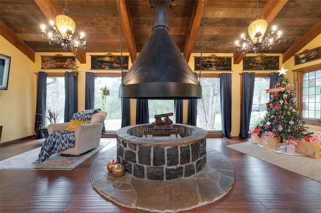 living room with a chandelier, wood-type flooring, vaulted ceiling with beams, and wood ceiling