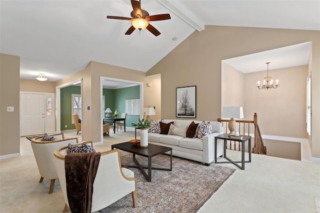 living room with lofted ceiling with beams, light colored carpet, and ceiling fan with notable chandelier