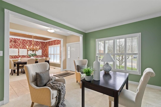 home office featuring crown molding, light tile patterned floors, and a notable chandelier