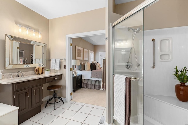 bathroom with vanity, tile patterned floors, and an enclosed shower