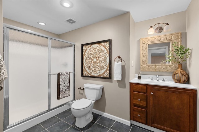 bathroom featuring tile patterned flooring, vanity, toilet, and a shower with door