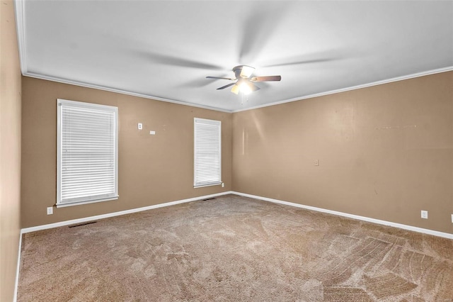 empty room with crown molding and carpet