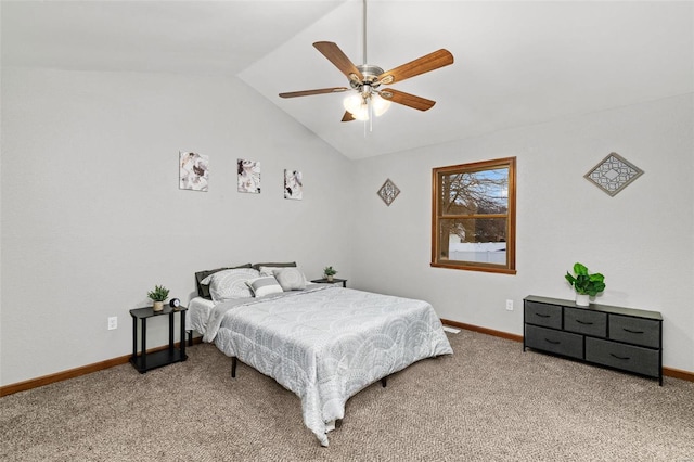 bedroom with carpet, ceiling fan, and vaulted ceiling