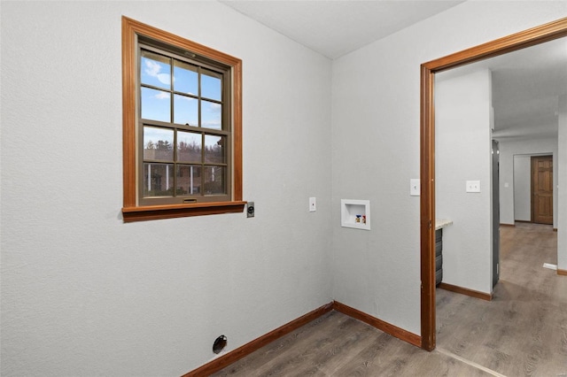 clothes washing area with wood-type flooring, hookup for a washing machine, and electric dryer hookup