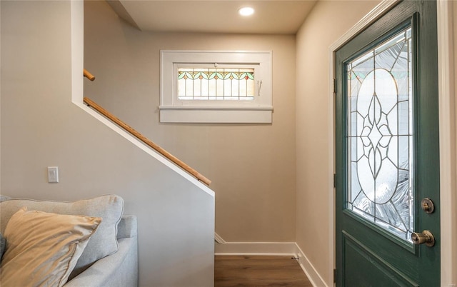 entrance foyer with a healthy amount of sunlight and dark hardwood / wood-style flooring