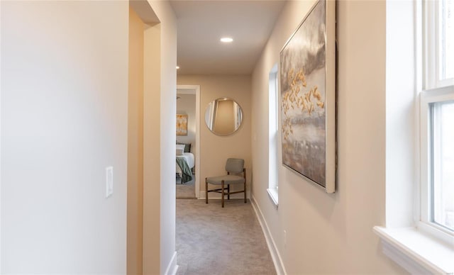 hall featuring light colored carpet and a healthy amount of sunlight