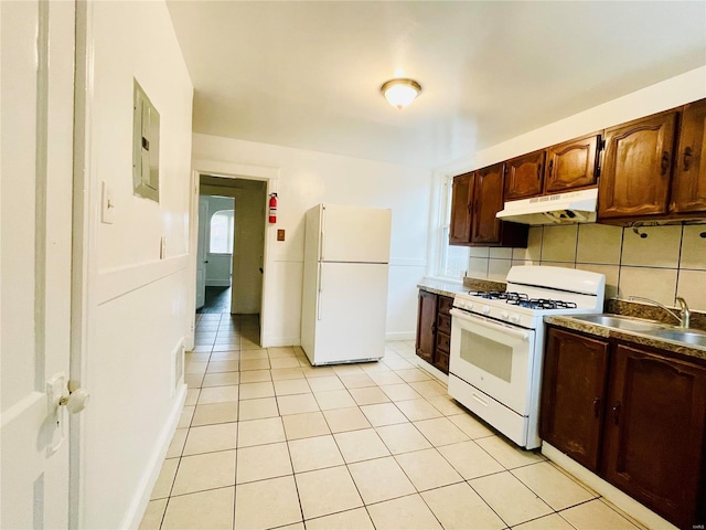 kitchen featuring white appliances, backsplash, electric panel, sink, and light tile patterned floors