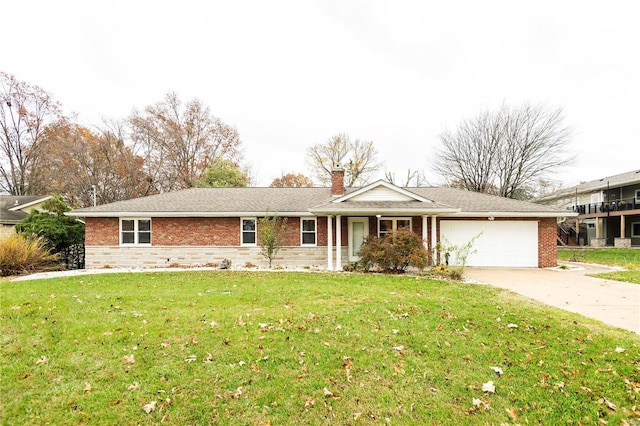 ranch-style home with a front yard and a garage