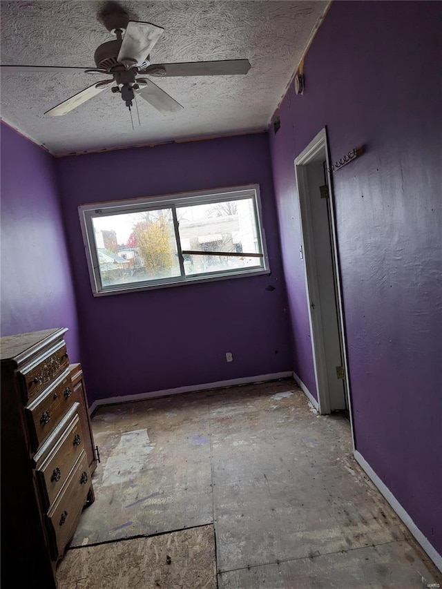 unfurnished bedroom featuring a textured ceiling and ceiling fan