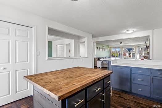 kitchen with blue cabinetry, dark hardwood / wood-style floors, a kitchen island, and butcher block countertops