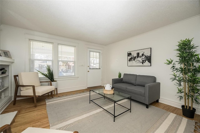 living room featuring wood-type flooring, a textured ceiling, and ornamental molding