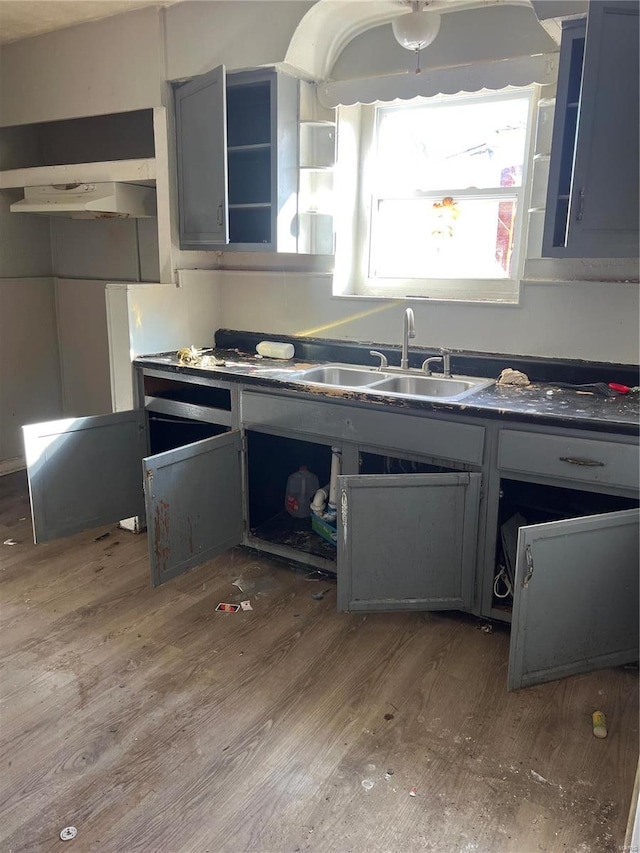 kitchen featuring gray cabinetry, sink, and hardwood / wood-style floors