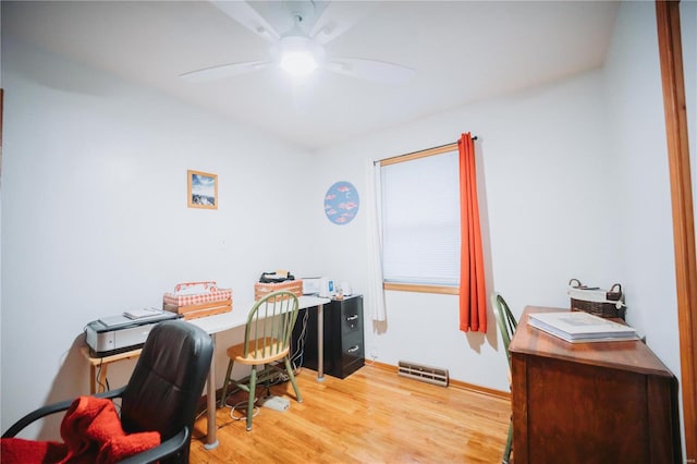 home office with ceiling fan and light hardwood / wood-style floors