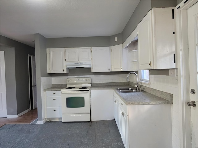 kitchen with sink, white cabinetry, and white electric stove