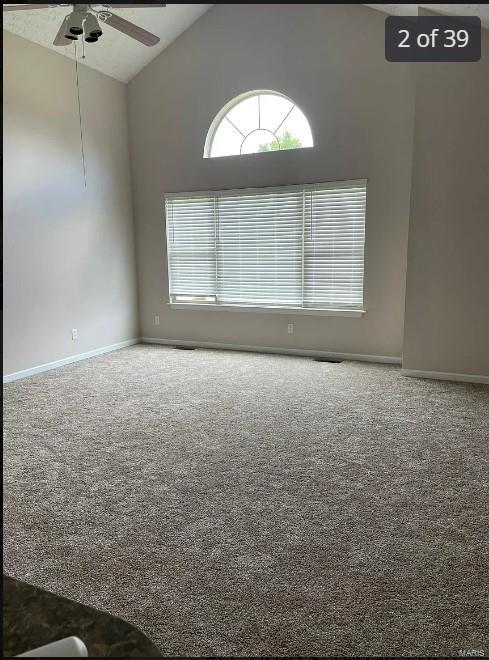 spare room with ceiling fan, carpet floors, and high vaulted ceiling