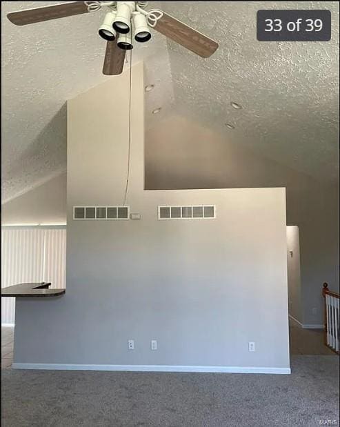 interior space with a textured ceiling and carpet floors