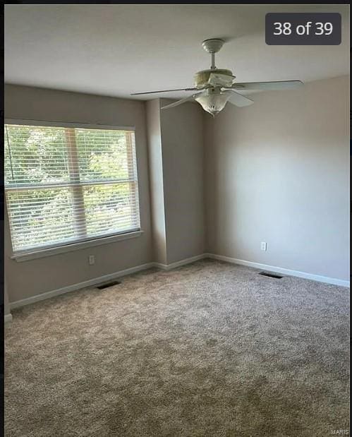 carpeted spare room with ceiling fan and a healthy amount of sunlight