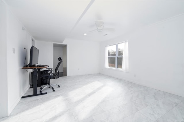 office featuring ceiling fan and ornamental molding