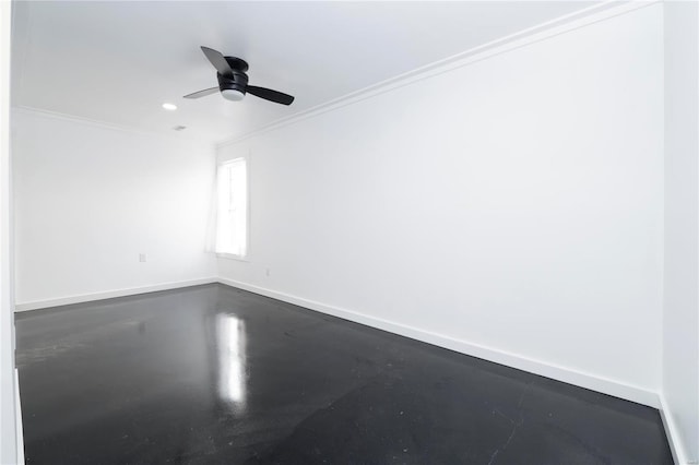 empty room with ceiling fan, ornamental molding, and concrete flooring