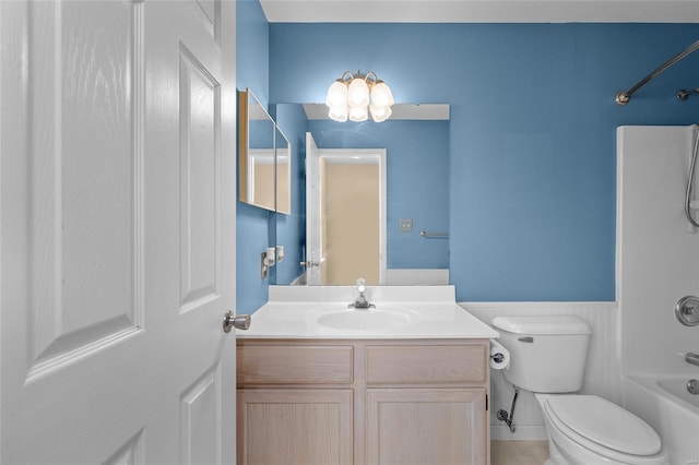 full bathroom featuring tile patterned flooring, vanity,  shower combination, and toilet