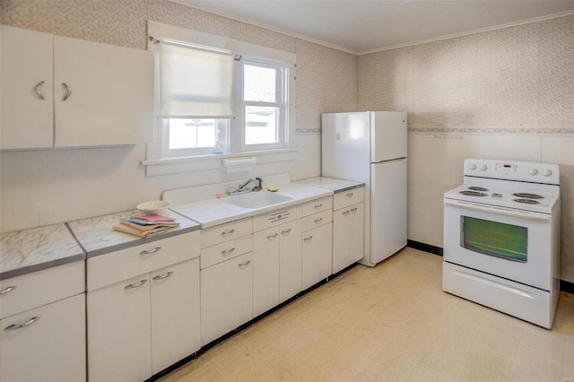 kitchen with white cabinets, crown molding, white appliances, and sink