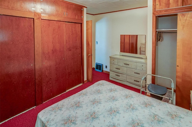 carpeted bedroom featuring crown molding and a closet