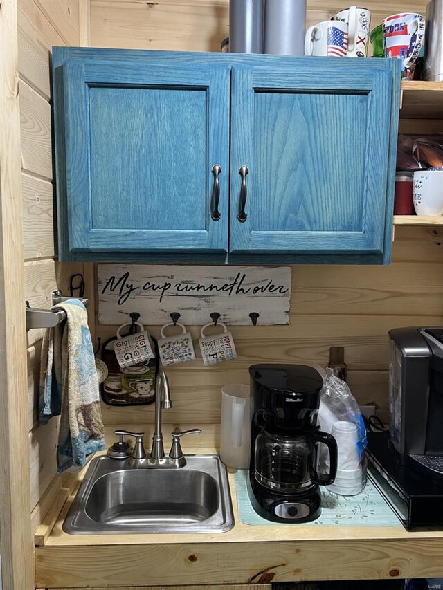 room details with wooden walls, sink, and blue cabinets