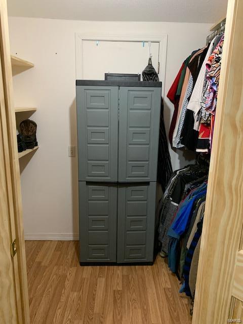 walk in closet with light hardwood / wood-style flooring