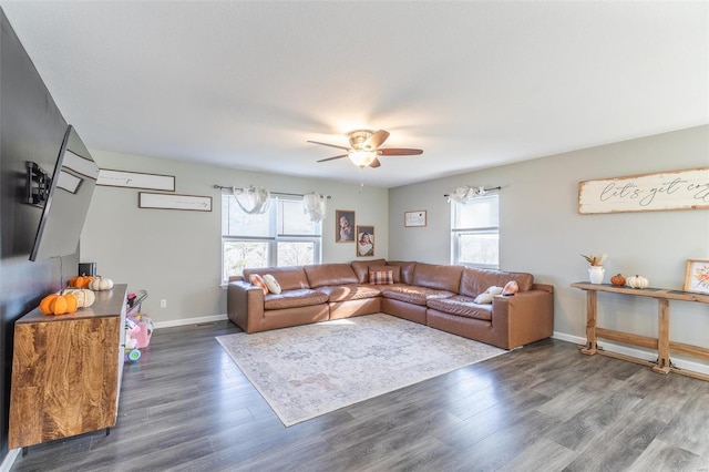 living room featuring dark hardwood / wood-style floors, a wealth of natural light, and ceiling fan