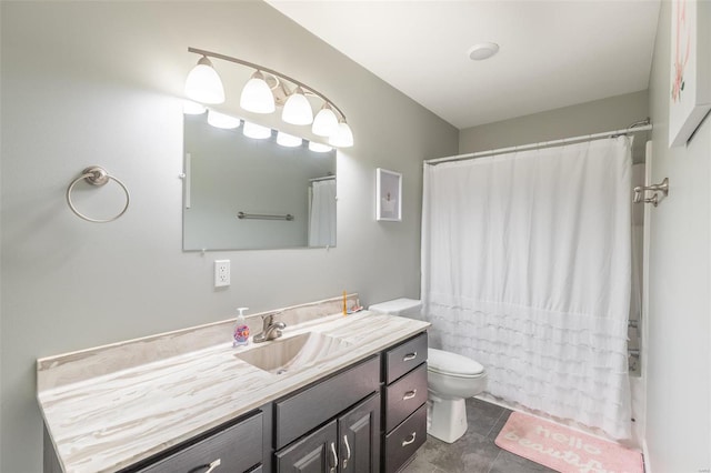 full bathroom with tile patterned flooring, vanity, toilet, and shower / bathtub combination with curtain