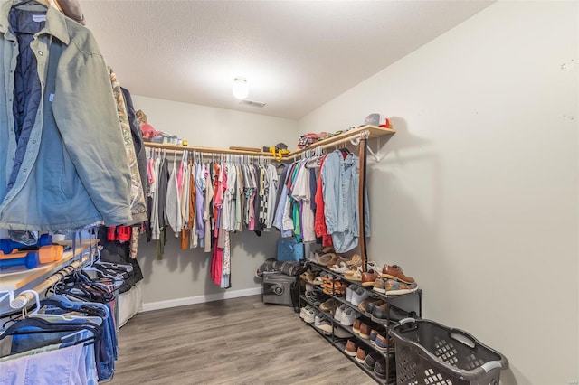 walk in closet with hardwood / wood-style flooring