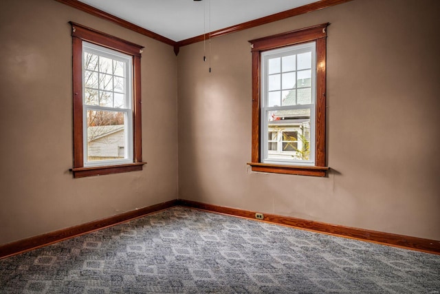 unfurnished room with crown molding and carpet floors