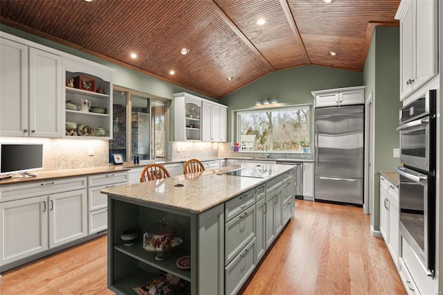 kitchen featuring wooden ceiling, appliances with stainless steel finishes, gray cabinets, light wood-type flooring, and open shelves