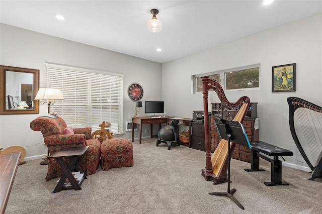 office space featuring carpet floors, baseboards, and recessed lighting