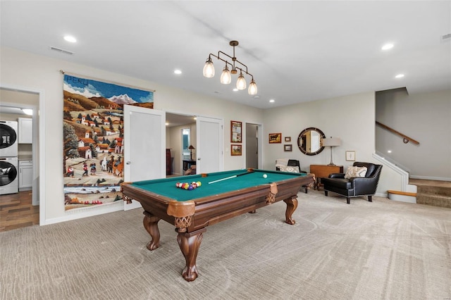 game room featuring billiards, carpet flooring, visible vents, and recessed lighting