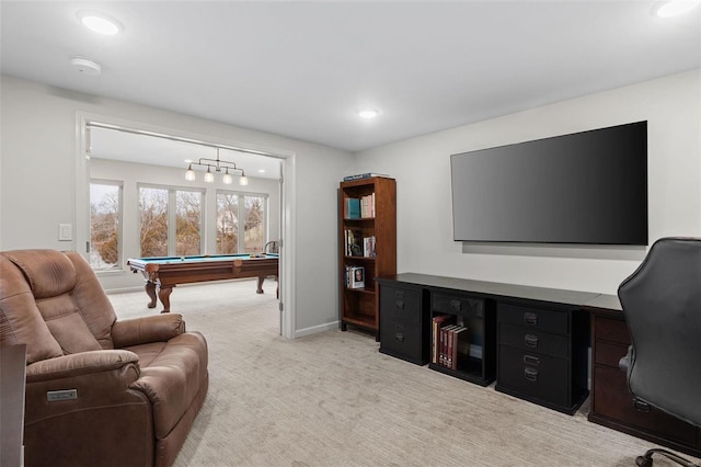 interior space featuring light carpet, recessed lighting, baseboards, and pool table