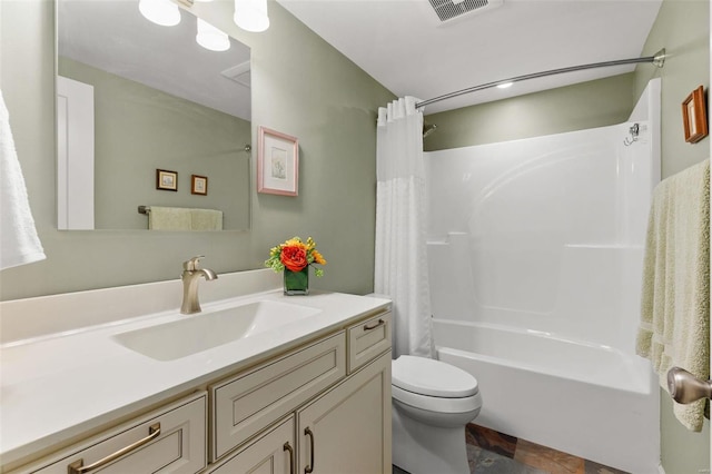 full bathroom with toilet, shower / tub combo, visible vents, and vanity