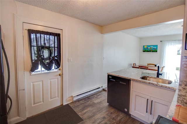 kitchen with light stone countertops, dishwasher, sink, a baseboard radiator, and dark hardwood / wood-style flooring