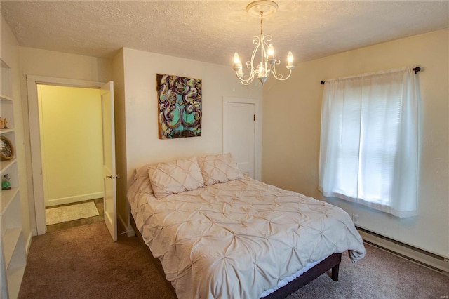 carpeted bedroom with a baseboard radiator, a textured ceiling, and an inviting chandelier