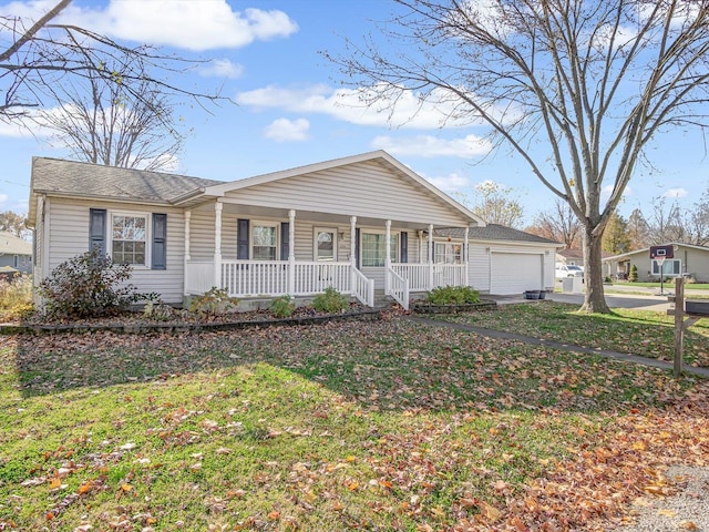 ranch-style home with covered porch and a front lawn