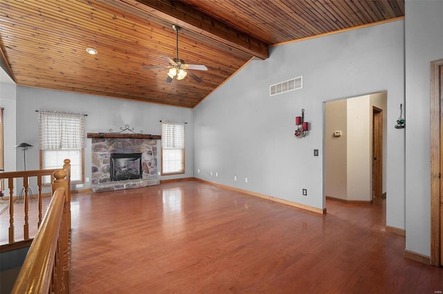 unfurnished living room with beam ceiling, high vaulted ceiling, hardwood / wood-style floors, a fireplace, and wood ceiling