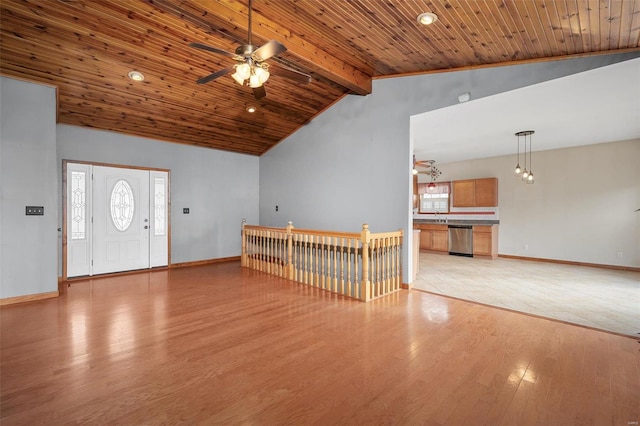 entrance foyer featuring beamed ceiling, ceiling fan, wood ceiling, and light hardwood / wood-style flooring